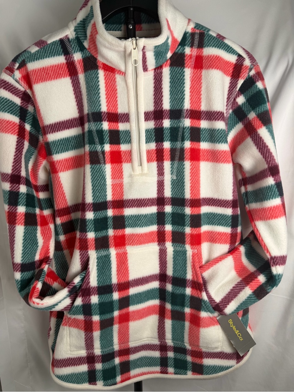 Style & Co Petite Plaid Fleece Pullover Quarter Zip PS NWT